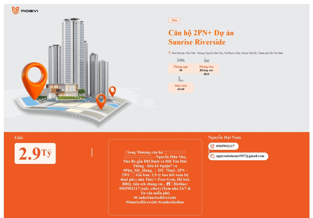 Mua Bán Căn hộ 2PN+ Sunrise Riverside 69m2 Giá 2,9 tỷ VND