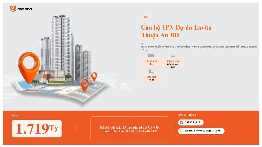 Mua Bán Căn hộ 1PN Lavita Thuận An 41.18m2 Giá 1,719 tỷ VND