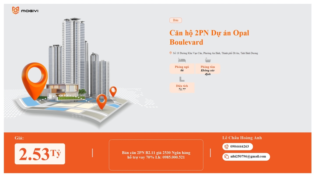 Mua Bán Căn hộ 2PN Opal Boulevard 73.77m2 Giá 2,53 tỷ VND