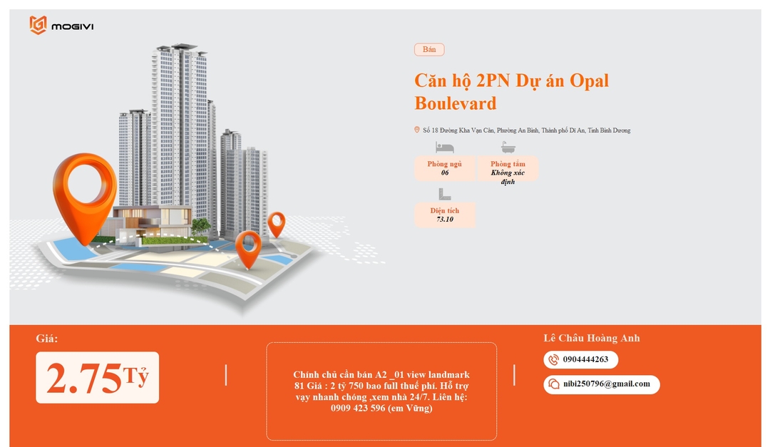 Mua Bán Căn hộ 2PN Opal Boulevard 73.1m2 Giá 2,75 tỷ VND