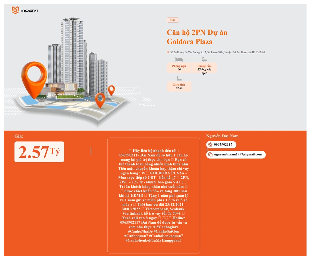 Mua Bán Căn hộ 2PN Goldora Plaza 62.06m2 Giá 2,57 tỷ VND